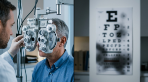 An eye doctor examines a patient using a phoropter next to a blurred Snellen eye chart with dark spots, representing the sudden NAION vision loss central to the Ozempic eye stroke lawsuit.