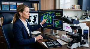 physician‑attorney- reviewing-digital-biopsy slides-and-CTCL- evidence-for-Dupixent lymphoma-litigation.