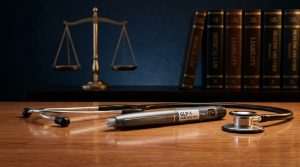 Medical injection pen, stethoscope, and scales of justice illustrating an Ozempic vision loss lawsuit.